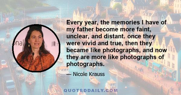 Every year, the memories I have of my father become more faint, unclear, and distant. once they were vivid and true, then they became like photographs, and now they are more like photographs of photographs.