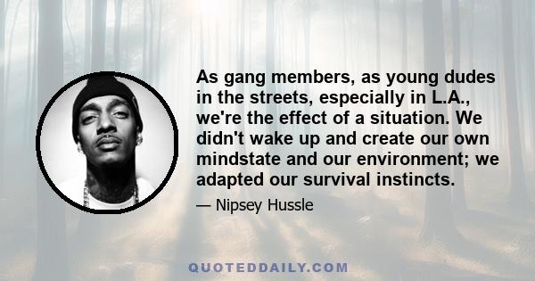 As gang members, as young dudes in the streets, especially in L.A., we're the effect of a situation. We didn't wake up and create our own mindstate and our environment; we adapted our survival instincts.