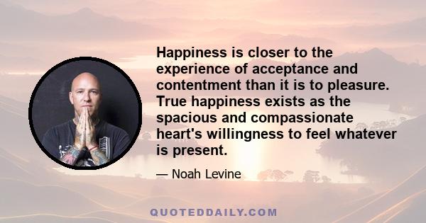 Happiness is closer to the experience of acceptance and contentment than it is to pleasure. True happiness exists as the spacious and compassionate heart's willingness to feel whatever is present.