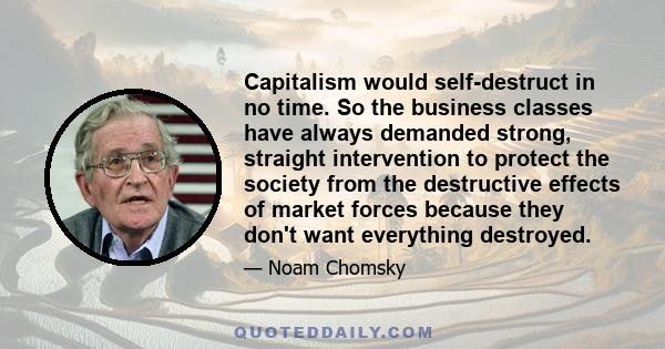 Capitalism would self-destruct in no time. So the business classes have always demanded strong, straight intervention to protect the society from the destructive effects of market forces because they don't want