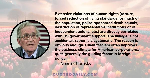 Extensive violations of human rights (torture, forced reduction of living standards for much of the population, police-sponsored death squads, destruction of representative institutions or of independent unions, etc.)