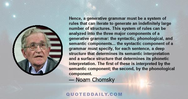 Hence, a generative grammar must be a system of rules that can iterate to generate an indefinitely large number of structures. This system of rules can be analyzed into the three major components of a generative