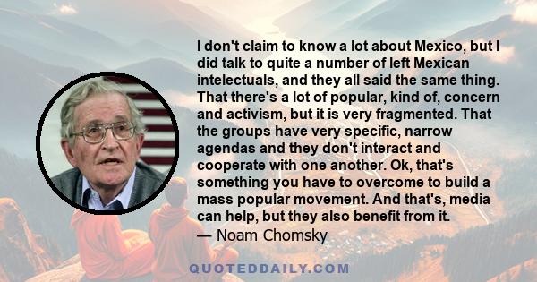 I don't claim to know a lot about Mexico, but I did talk to quite a number of left Mexican intelectuals, and they all said the same thing. That there's a lot of popular, kind of, concern and activism, but it is very