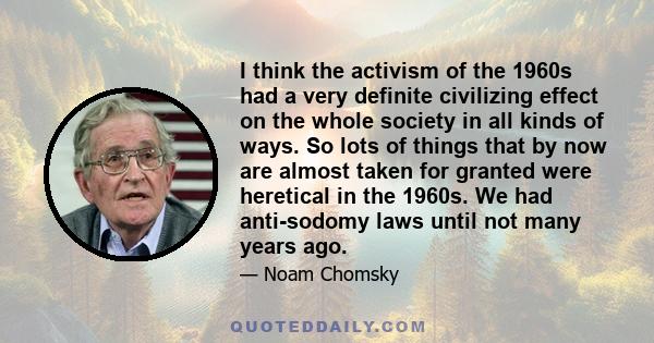 I think the activism of the 1960s had a very definite civilizing effect on the whole society in all kinds of ways. So lots of things that by now are almost taken for granted were heretical in the 1960s. We had