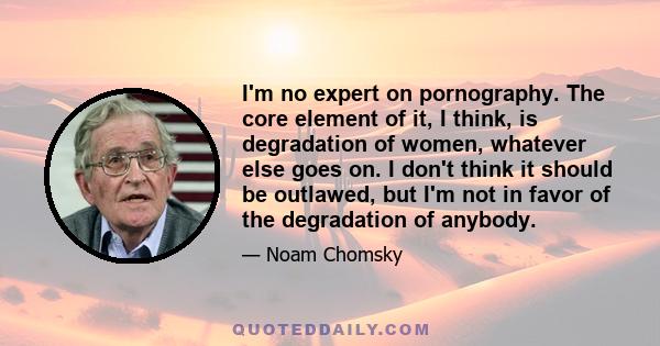 I'm no expert on pornography. The core element of it, I think, is degradation of women, whatever else goes on. I don't think it should be outlawed, but I'm not in favor of the degradation of anybody.