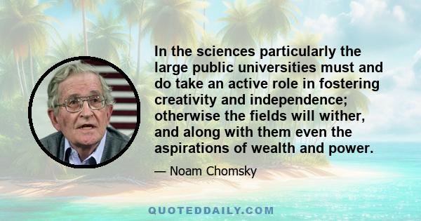 In the sciences particularly the large public universities must and do take an active role in fostering creativity and independence; otherwise the fields will wither, and along with them even the aspirations of wealth