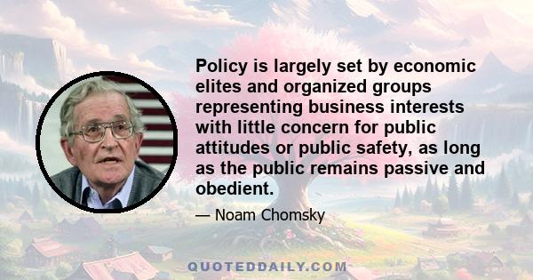 Policy is largely set by economic elites and organized groups representing business interests with little concern for public attitudes or public safety, as long as the public remains passive and obedient.