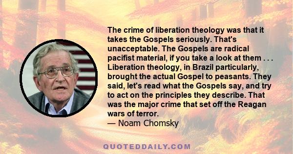 The crime of liberation theology was that it takes the Gospels seriously. That's unacceptable. The Gospels are radical pacifist material, if you take a look at them . . . Liberation theology, in Brazil particularly,