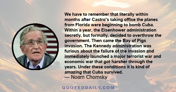 We have to remember that literally within months after Castro's taking office the planes from Florida were beginning to bomb Cuba. Within a year, the Eisenhower administration secretly, but formally, decided to