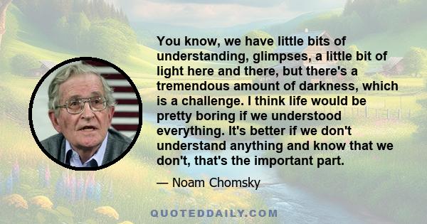 You know, we have little bits of understanding, glimpses, a little bit of light here and there, but there's a tremendous amount of darkness, which is a challenge. I think life would be pretty boring if we understood