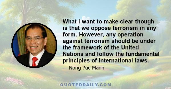 What I want to make clear though is that we oppose terrorism in any form. However, any operation against terrorism should be under the framework of the United Nations and follow the fundamental principles of