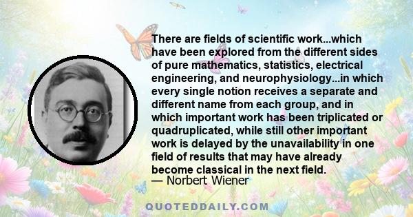 There are fields of scientific work...which have been explored from the different sides of pure mathematics, statistics, electrical engineering, and neurophysiology...in which every single notion receives a separate and 