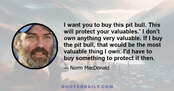 I want you to buy this pit bull. This will protect your valuables.' I don't own anything very valuable. If I buy the pit bull, that would be the most valuable thing I own. I'd have to buy something to protect it then.