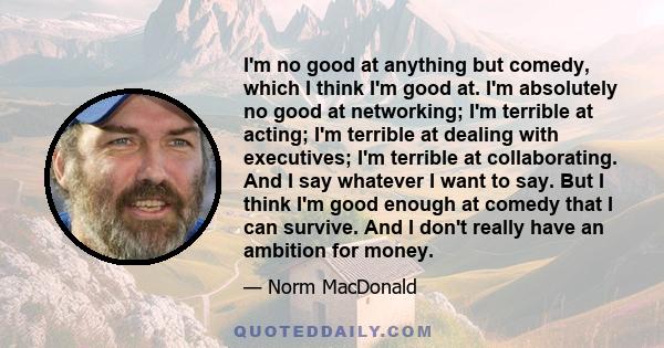 I'm no good at anything but comedy, which I think I'm good at. I'm absolutely no good at networking; I'm terrible at acting; I'm terrible at dealing with executives; I'm terrible at collaborating. And I say whatever I