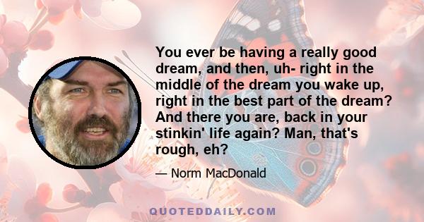 You ever be having a really good dream, and then, uh- right in the middle of the dream you wake up, right in the best part of the dream? And there you are, back in your stinkin' life again? Man, that's rough, eh?