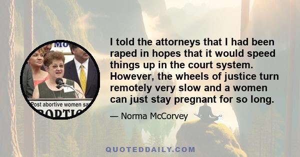 I told the attorneys that I had been raped in hopes that it would speed things up in the court system. However, the wheels of justice turn remotely very slow and a women can just stay pregnant for so long.