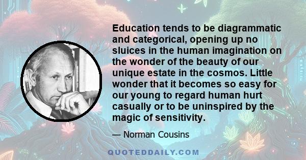 Education tends to be diagrammatic and categorical, opening up no sluices in the human imagination on the wonder of the beauty of our unique estate in the cosmos. Little wonder that it becomes so easy for our young to