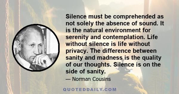 Silence must be comprehended as not solely the absence of sound. It is the natural environment for serenity and contemplation. Life without silence is life without privacy. The difference between sanity and madness is