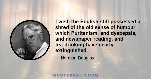 I wish the English still possessed a shred of the old sense of humour which Puritanism, and dyspepsia, and newspaper reading, and tea-drinking have nearly extinguished.