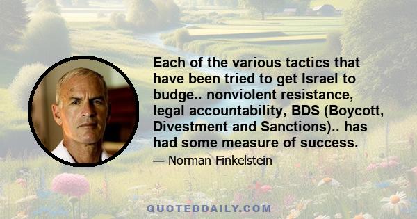 Each of the various tactics that have been tried to get Israel to budge.. nonviolent resistance, legal accountability, BDS (Boycott, Divestment and Sanctions).. has had some measure of success.