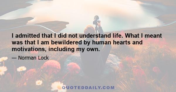 I admitted that I did not understand life. What I meant was that I am bewildered by human hearts and motivations, including my own.