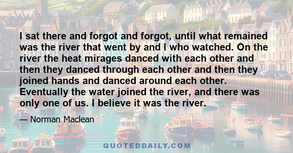 I sat there and forgot and forgot, until what remained was the river that went by and I who watched. On the river the heat mirages danced with each other and then they danced through each other and then they joined