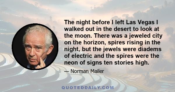 The night before I left Las Vegas I walked out in the desert to look at the moon. There was a jeweled city on the horizon, spires rising in the night, but the jewels were diadems of electric and the spires were the neon 