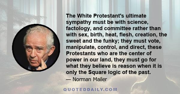 The White Protestant's ultimate sympathy must be with science, factology, and committee rather than with sex, birth, heat, flesh, creation, the sweet and the funky; they must vote, manipulate, control, and direct, these 