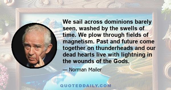 We sail across dominions barely seen, washed by the swells of time. We plow through fields of magnetism. Past and future come together on thunderheads and our dead hearts live with lightning in the wounds of the Gods.