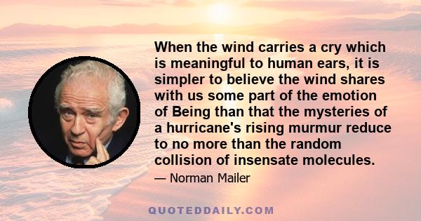 When the wind carries a cry which is meaningful to human ears, it is simpler to believe the wind shares with us some part of the emotion of Being than that the mysteries of a hurricane's rising murmur reduce to no more