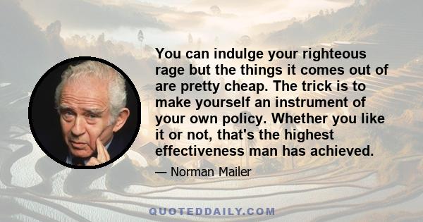 You can indulge your righteous rage but the things it comes out of are pretty cheap. The trick is to make yourself an instrument of your own policy. Whether you like it or not, that's the highest effectiveness man has