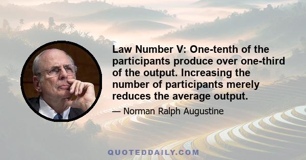 Law Number V: One-tenth of the participants produce over one-third of the output. Increasing the number of participants merely reduces the average output.