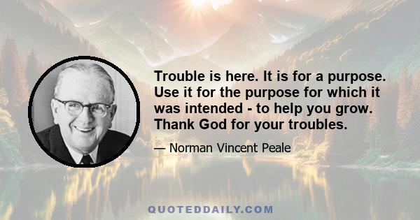 Trouble is here. It is for a purpose. Use it for the purpose for which it was intended - to help you grow. Thank God for your troubles.