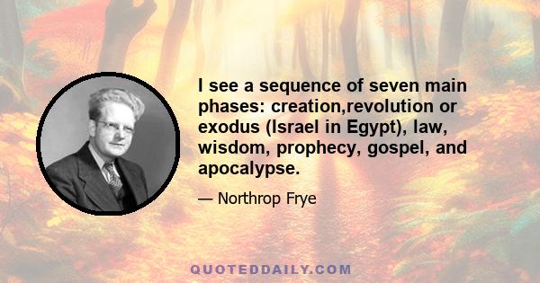 I see a sequence of seven main phases: creation,revolution or exodus (Israel in Egypt), law, wisdom, prophecy, gospel, and apocalypse.