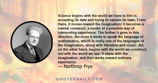 Science begins with the world we have to live in, accepting its data and trying to explain its laws. From there, it moves toward the imagination: it becomes a mental construct, a model of a possible way of interpreting