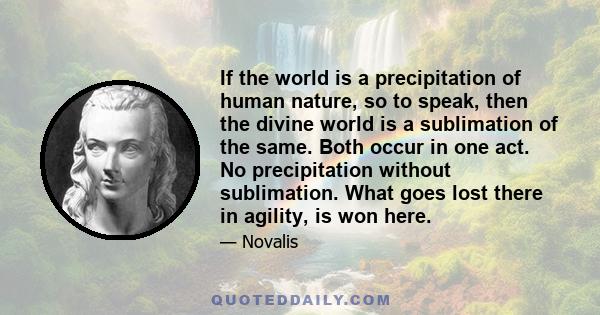 If the world is a precipitation of human nature, so to speak, then the divine world is a sublimation of the same. Both occur in one act. No precipitation without sublimation. What goes lost there in agility, is won here.