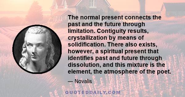 The normal present connects the past and the future through limitation. Contiguity results, crystallization by means of solidification. There also exists, however, a spiritual present that identifies past and future