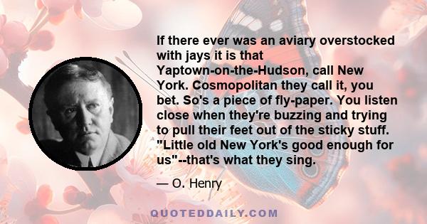 If there ever was an aviary overstocked with jays it is that Yaptown-on-the-Hudson, call New York. Cosmopolitan they call it, you bet. So's a piece of fly-paper. You listen close when they're buzzing and trying to pull