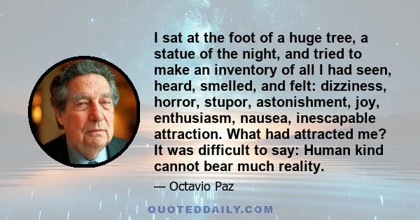 I sat at the foot of a huge tree, a statue of the night, and tried to make an inventory of all I had seen, heard, smelled, and felt: dizziness, horror, stupor, astonishment, joy, enthusiasm, nausea, inescapable