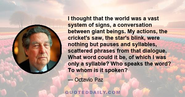 I thought that the world was a vast system of signs, a conversation between giant beings. My actions, the cricket's saw, the star's blink, were nothing but pauses and syllables, scattered phrases from that dialogue.