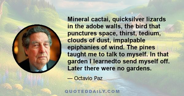 Mineral cactai, quicksilver lizards in the adobe walls, the bird that punctures space, thirst, tedium, clouds of dust, impalpable epiphanies of wind. The pines taught me to talk to myself. In that garden I learnedto