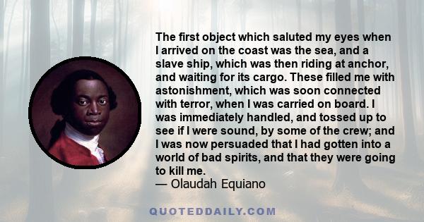 The first object which saluted my eyes when I arrived on the coast was the sea, and a slave ship, which was then riding at anchor, and waiting for its cargo. These filled me with astonishment, which was soon connected