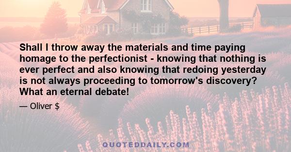 Shall I throw away the materials and time paying homage to the perfectionist - knowing that nothing is ever perfect and also knowing that redoing yesterday is not always proceeding to tomorrow's discovery? What an