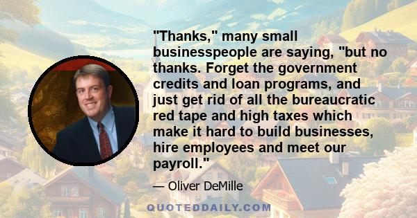 Thanks, many small businesspeople are saying, but no thanks. Forget the government credits and loan programs, and just get rid of all the bureaucratic red tape and high taxes which make it hard to build businesses, hire 