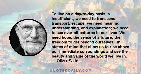 To live on a day-to-day basis is insufficient; we need to transcend, transport, escape; we need meaning, understanding, and explanation; we need to see over-all patterns in our lives. We need hope, the sense of a