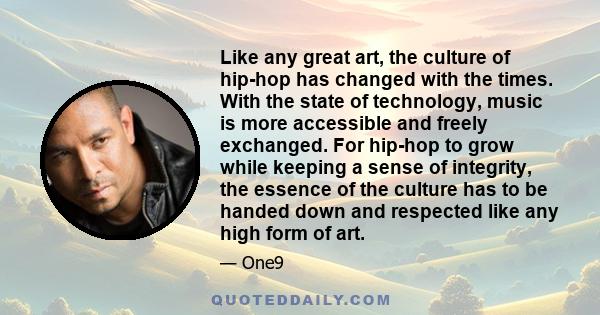 Like any great art, the culture of hip-hop has changed with the times. With the state of technology, music is more accessible and freely exchanged. For hip-hop to grow while keeping a sense of integrity, the essence of