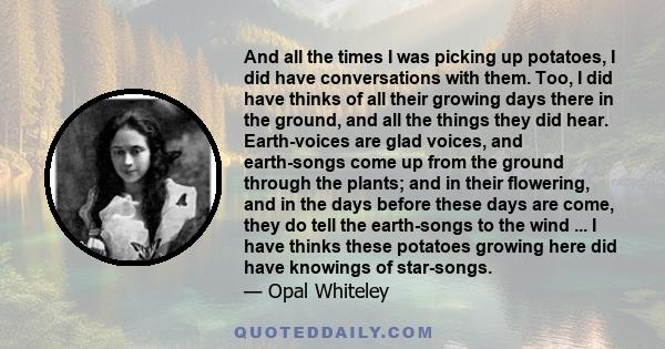 And all the times I was picking up potatoes, I did have conversations with them. Too, I did have thinks of all their growing days there in the ground, and all the things they did hear. Earth-voices are glad voices, and