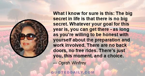 What I know for sure is this: The big secret in life is that there is no big secret. Whatever your goal for this year is, you can get there - as long as you're willing to be honest with yourself about the preparation