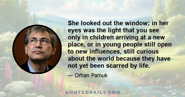 She looked out the window; in her eyes was the light that you see only in children arriving at a new place, or in young people still open to new influences, still curious about the world because they have not yet been