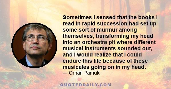 Sometimes I sensed that the books I read in rapid succession had set up some sort of murmur among themselves, transforming my head into an orchestra pit where different musical instruments sounded out, and I would